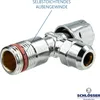 A close-up of a chrome-plated brass fitting with a red seal, against a white background. Text overlays describe a feature. Produktbild-Vorschau