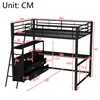 A diagram of a black metal loft bed with a desk and drawers, showing various measurements in centimeters. Náhled obrázku produktu