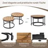 A collage of images showing round wooden tables with black metal legs, demonstrating their nesting capability and close-up details of their construction and materials. Produktbild-Vorschau