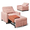 A pink convertible sofa bed is shown in two configurations against a white background. One configuration is a chair with an extended ottoman and a blanket, and the other is a folded chair. Anteprima dell’immagine prodotto