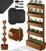 A collage of images showing a multi-tiered wooden planter box with plants, gardening tools, and black fabric liners. Produktbild-Vorschau