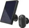 A black outdoor security camera and its solar panel charger are shown against a white background. Produktbild-Vorschau