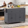 A kitchen island with storage and a wooden countertop is shown in a kitchen setting. Voir les images du produit