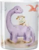 Illustration of a purple dinosaur with a cat wearing a hat and harness riding on its back, with an orange pterodactyl flying in the background. Produktbild-Vorschau