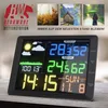 A digital weather station displaying various weather information, with promotional images and text above it. Produktbild-Vorschau