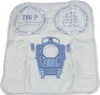 A white vacuum cleaner dust bag with blue printing. Produktbild-Vorschau