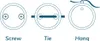 Diagrams showing three different ways to attach a circular object: screw, tie, and hang. Produktbild-Vorschau