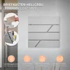 A light gray letterbox mounted on a textured wall, with inset images showing how to insert mail and the newspaper compartment. Icons at the bottom highlight features. Náhled obrázku produktu