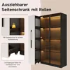 A tall, narrow cabinet with glass doors and internal lighting, shown partially open, with inset images highlighting features like edge protection and wheels. Anteprima dell’immagine prodotto