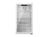 A white beverage cooler with a glass door, displaying its interior shelves and cooling fan. Produktbild-Vorschau