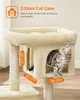 A cat is inside a cat cave on a cat tree. Dimensions are shown with orange labels. Produktbild-Vorschau