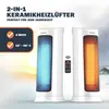 Two white ceramic heaters are shown, one with a blue light and one with an orange light, against a background that transitions from a sunny sky to a snowy landscape. A remote control is placed between them. Produktbild-Vorschau