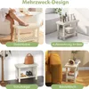 Collage of four images showing a white wooden bench used as a shower seat, bathroom storage, shoe rack, and side table. Podgląd zdjęcia produktu
