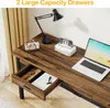 A close-up view of a wooden desk with a laptop, lamp, and an open drawer. Podgląd zdjęcia produktu