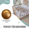 A golden ball with the KiddyMoon logo and text indicating its diameter is shown next to a playpen filled with balls. Produktbild-Vorschau