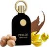 A black perfume bottle with gold accents, surrounded by decorative elements like nuts and flowers. Voir les images du produit