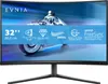 A curved computer monitor with marketing text and icons overlaid on the screen. Produktbild-Vorschau