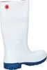 A white rubber boot with a blue sole and a red logo on the side. Produktbild-Vorschau