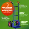 A blue hand truck with red handles and red wheel hubs, shown against a green background with descriptive text overlays. Anteprima dell’immagine prodotto