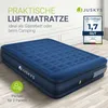 A blue inflatable mattress is shown on a light wooden floor in front of a white wall. Produktbild-Vorschau