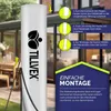 An outdoor scene with a large white umbrella pole and instructional graphics. Produktbild-Vorschau