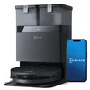 A black robot vacuum cleaner with a charging/emptying station and a smartphone displaying the brand's logo, all on a white background. Produktbild-Vorschau