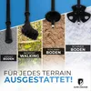 Collage showing different types of trekking pole tips for various terrains: asphalt, Nordic walking, mud, and snow. Produktbild-Vorschau