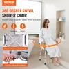 A woman in a white robe sits on a swivel shower chair in a modern bathroom, with promotional text and diagrams surrounding her. Podgląd zdjęcia produktu