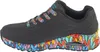 Side view of a black Skechers sneaker with a colorful, abstract pattern on the sole and laces. Náhled obrázku produktu