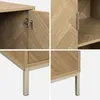 A collage of four close-up images showing details of a wooden cabinet with a herringbone pattern. Produktbild-Vorschau
