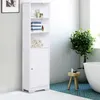 A white bathroom cabinet is shown in a well-lit bathroom setting, next to a bathtub and a potted plant. Produktbild-Vorschau