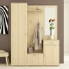 A light wood entryway furniture set with a tall cabinet, a coat rack with a shelf, a mirror, and a drawer and cabinet unit. A coat and a handbag are displayed on the coat rack. Náhled obrázku produktu