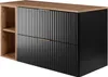 A product shot of a bathroom vanity cabinet with a wood-look top and open shelving on the left, and black fluted cabinet doors with gold handles on the right. Náhled obrázku produktu
