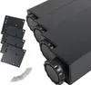 A set of four black, square table legs with adjustable feet, along with mounting plates and screws, are displayed against a white background. Produktbild-Vorschau