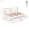 A white bed frame with integrated LED lighting and storage drawers, shown with dimensions indicated by red lines and numbers. Produktbild-Vorschau