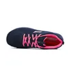 A top-down view of a navy blue Skechers sneaker with pink laces and trim, set against a white background. Produktbild-Vorschau