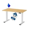 A height-adjustable desk with a wooden top and white legs, featuring a small EU flag and a review tag. Náhled obrázku produktu