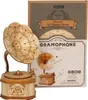 A 3D wooden puzzle gramophone and its packaging are shown. Podgląd zdjęcia produktu