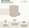 A chest of drawers with an open drawer, accompanied by feature icons and text. Produktbild-Vorschau