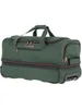 A green duffel bag with wheels and orange accents, shown against a white background. Produktbild-Vorschau