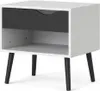A white and black nightstand with one drawer and one shelf, shown from a diagonal angle. Anteprima dell’immagine prodotto
