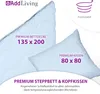 A light blue duvet and pillow are displayed, with text and graphics indicating product details and features. Produktbild-Vorschau