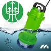 A green submersible pump is partially submerged in water, with a graphic overlay indicating water flow. The product is shown in a promotional context. Podgląd zdjęcia produktu