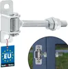 A galvanized adjustable gate hinge with a threaded bolt and nuts, shown both in isolation and attached to a blue gate frame. Podgląd zdjęcia produktu