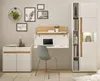 A home office setup with a wall-mounted desk, a cabinet, and a tall shelving unit. Produktbild-Vorschau