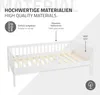 A white children's bed with wooden slats, presented with descriptive text and icons highlighting its features. Produktbild-Vorschau