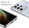A clear protective case for a smartphone is shown, highlighting its camera and display protection. Produktbild-Vorschau