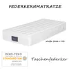 A white mattress on a white background with text and logos. Produktbild-Vorschau