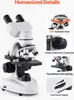 A white microscope with several inset images highlighting its features. Voir les images du produit