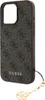 A side view of a brown and black Guess branded phone case with a repeating logo pattern and a gold charm attached to a lanyard. Náhled obrázku produktu